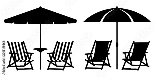 Beach chair silhouettes with parasols and lounge seating icons set summer vacation outdoor relaxation furniture collection, Tropical palm tree beach scene silhouettes with lounge chair and umbrella