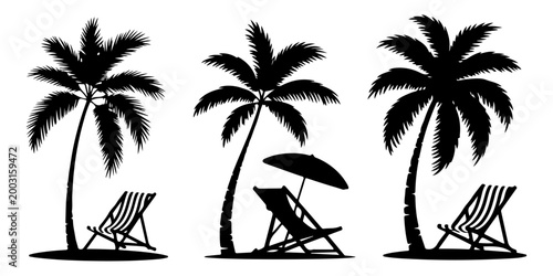 Beach chair silhouettes with parasols and lounge seating icons set summer vacation outdoor relaxation furniture collection, Tropical palm tree beach scene silhouettes with lounge chair and umbrella