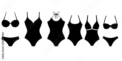 Women swimsuit silhouettes collection including one piece and bikini styles isolated on white background, summer beach fashion swimwear icons set