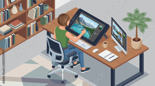 This image captures a female artist engrossed in her digital art creation process, showcasing the modern creativity and technology integration in artistic expression.