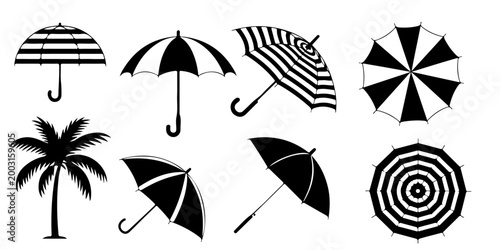 Umbrella silhouettes and beach parasol icons set isolated on white background, sunshade protection symbols collection for summer and weather design