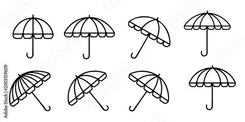 Umbrella silhouettes and beach parasol icons set isolated on white background, sunshade protection symbols collection for summer and weather design