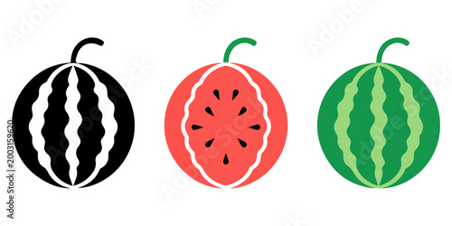 Watermelon fruit icons including whole and sliced pieces in flat and outline styles isolated on white background, fresh summer food illustration set