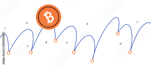 Bitcoin coin on a wavy blue line chart vector illustration. Crypto trading, financial analysis, market volatility, investment growth, digital currency, fintech. Cryptocurrency token over price graph