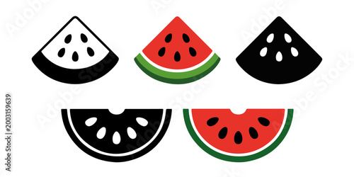 Watermelon fruit icons including whole and sliced pieces in flat and outline styles isolated on white background, fresh summer food illustration set