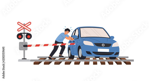 A man pushing a broken down car off railroad tracks. EPS Editable. Vector Illustrations.