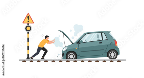 A man pushing a broken down car on a railway track. EPS Editable. Vector Illustrations.