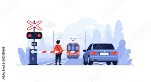 A man waiting at a railroad crossing as a train approaches with a car stopped nearby. EPS Editable. Vector Illustrations.