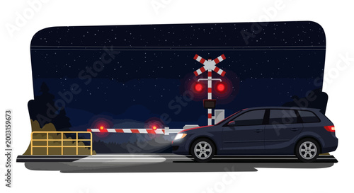 A modern dark car waiting at a railroad crossing at night. EPS Editable. Vector Illustrations.