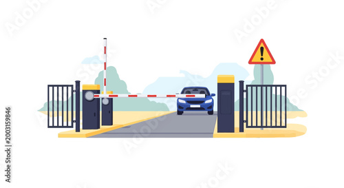 Blue car approaching a secured gate barrier entrance. EPS Editable. Vector Illustrations.