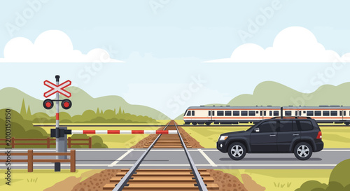 Black SUV driving across railroad tracks at a level crossing. EPS Editable. Vector Illustrations.