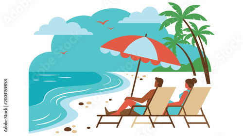 Couple relaxing on beach chairs under umbrella ocean view tropical vacation.