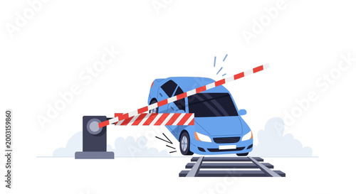 Blue car crashing through a railway crossing gate barrier. EPS Editable. Vector Illustrations.