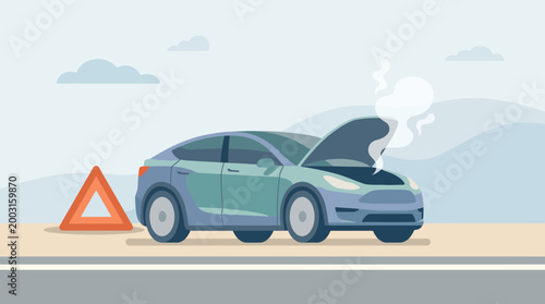Broken Down Car on the Side of the Road with Smoke. EPS Editable. Vector Illustrations.