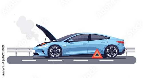 Broken down light blue sedan car with open hood on road. EPS Editable. Vector Illustrations.