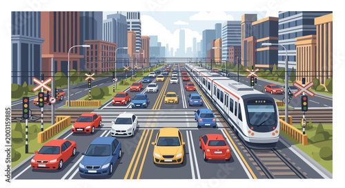 Busy city intersection with moving train and heavy traffic. EPS Editable. Vector Illustrations.