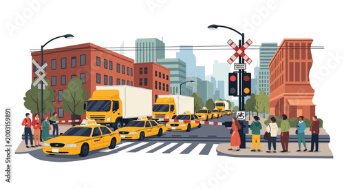Busy city intersection with yellow taxis and delivery trucks. EPS Editable. Vector Illustrations.