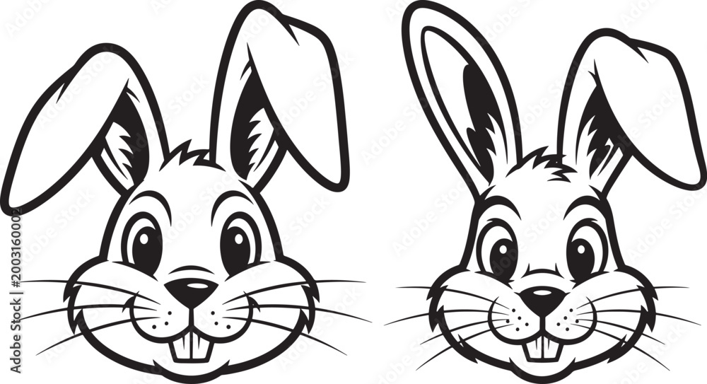 Fototapeta premium Two cartoon rabbit faces with long ears black and white line art illustration character whiskers monochrome childhood wildlife creature friendly celebration