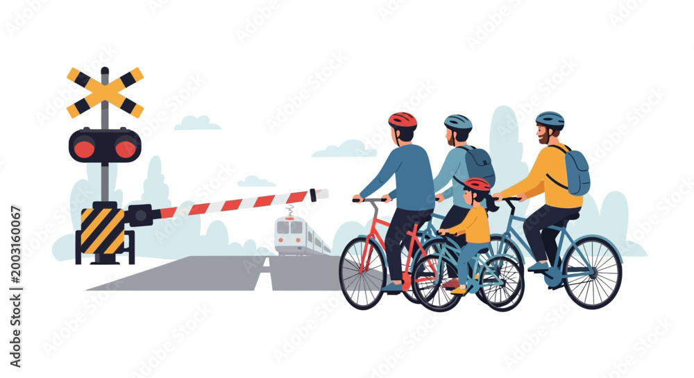 Fototapeta premium Group of cyclists waiting at a closed railroad crossing barrier. EPS Editable. Vector Illustrations.