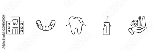 Dentist icon set featuring professional dental clinic building mouth guard tray tooth cavity decay water flosser oral care products hand.