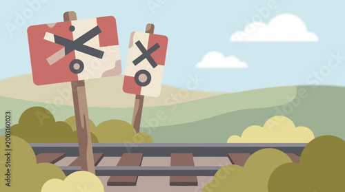 Flat vector illustration of railroad crossing signs in a rural landscape. EPS Editable. Vector Illustrations.