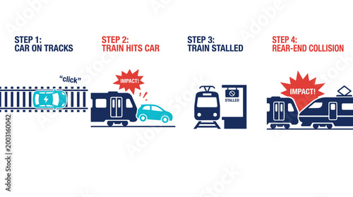 Four step infographic illustrating a train and car accident sequence. EPS Editable. Vector Illustrations.