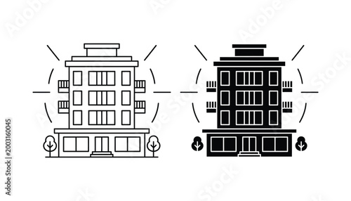 Multi-story apartment building vector icon in outline and solid black styles for real estate development and urban city planning graphics isolated on white background