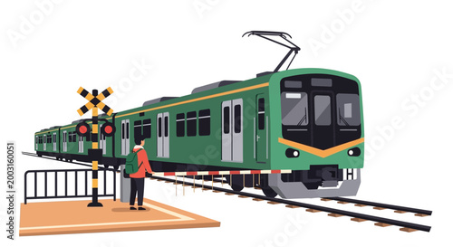 Green commuter train passing through a railway crossing with a pedestrian waiting. EPS Editable. Vector Illustrations.