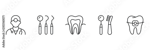 Dentist icon set featuring professional dental doctor examining mirror explorer tooth cross section toothbrush and orthodontic braces vector illustration for healthcare.