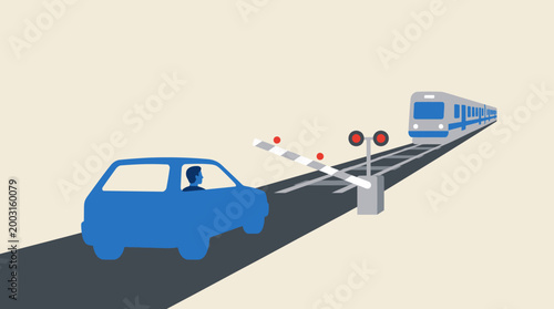Illustration of a blue car waiting at a railroad crossing with a train approaching. EPS Editable. Vector Illustrations.
