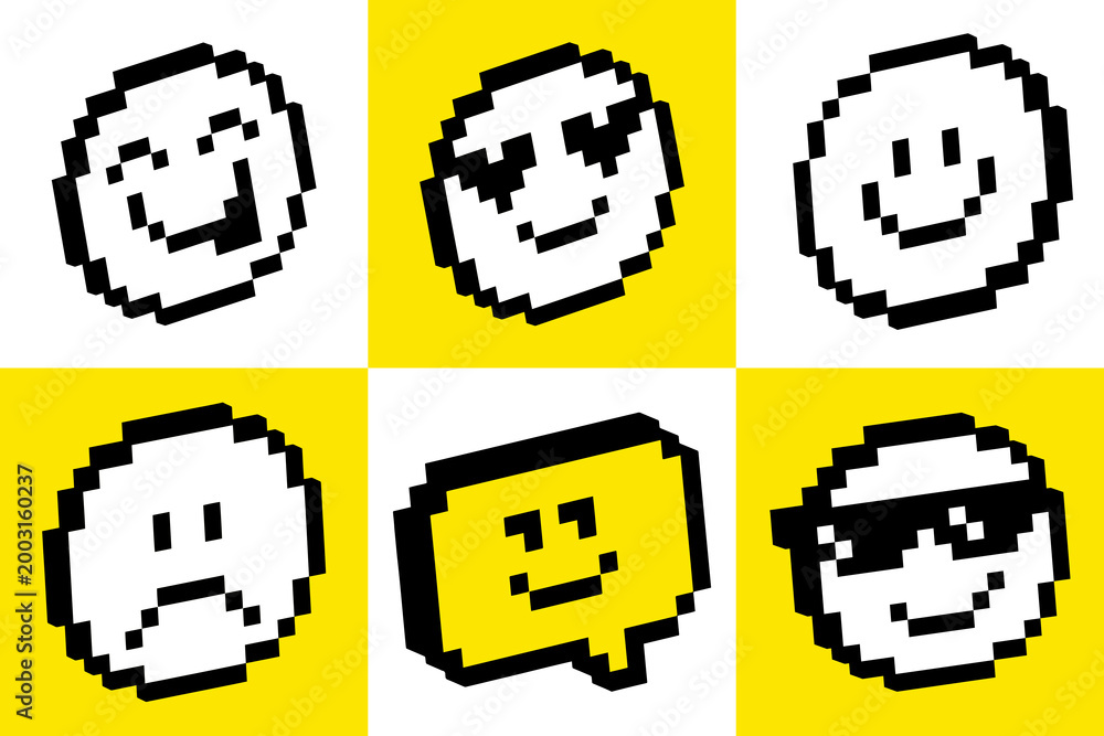 Fototapeta premium Pixel emoji icon grid in retro 8-bit style with expressive faces on on bold yellow blocks pattern. Modern UI background for apps, social media, messaging, digital interfaces