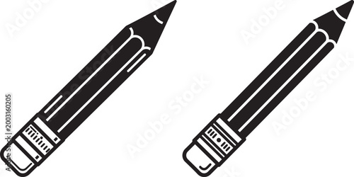 Two black and white outline pencils with erasers writing utensil education supplies stationery drafting creativity handicraft graphite isolated illustration silhouette sharpened equipment