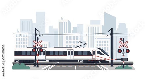 Modern electric commuter train crossing a railway track intersection. EPS Editable. Vector Illustrations.