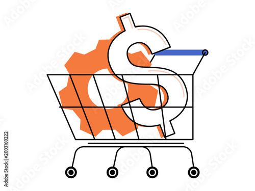 Shopping cart with dollar sign and gear vector illustration. Retail management, digital commerce, process flow, economic growth, shop logistics, trade efficiency. Trolley with currency symbol