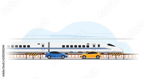 Modern high speed train passing by two cars on a flat road. EPS Editable. Vector Illustrations.