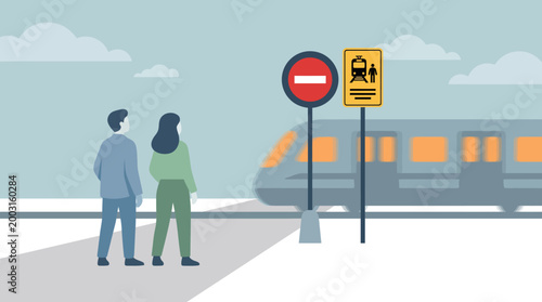 People Waiting at Train Station Crossing with Warning Signs. EPS Editable. Vector Illustrations.
