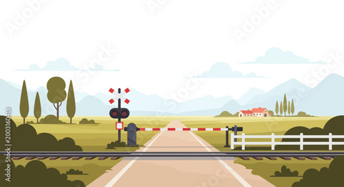Railroad crossing gate with warning lights on a rural road. EPS Editable. Vector Illustrations.