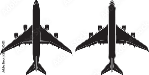 Two black and white silhouette airplanes from above with airplane aircraft aviation transport airliner silhouette isolated illustration vacation logistics commerce commercial passenger