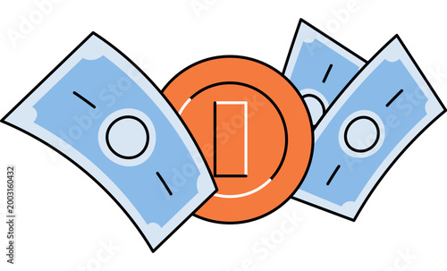 Banknotes and a golden coin vector illustration. Financial planning, budget management, banking services, online payment, economic growth, investment strategy. Paper money and metal currency