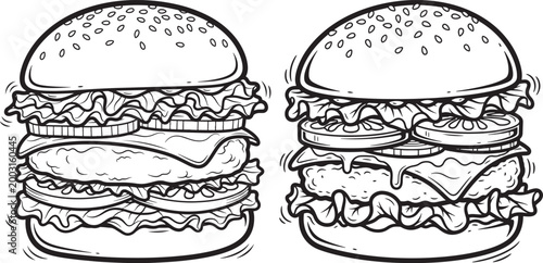 Two large juicy hamburgers with multiple layers fast food black and white junk food hand drawn hamburger sandwich appetite appetizing delicious illustration monochrome restaurant takeaway