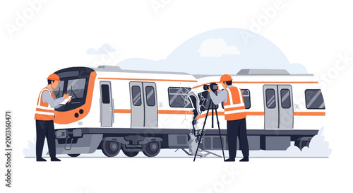 Railway engineers inspecting a modern commuter train. EPS Editable. Vector Illustrations.
