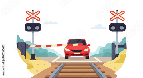 Red car waiting at a closed railroad crossing barrier. EPS Editable. Vector Illustrations.