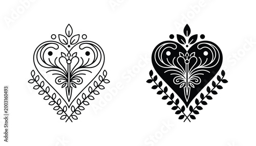 Decorative heart shaped ornament with floral leaves and arrow for love and romance design