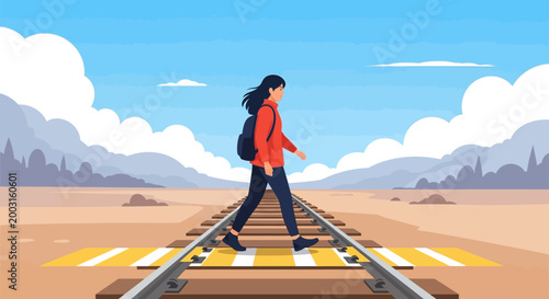 Young woman with backpack walking across railway tracks in a flat vector illustration style. EPS Editable. Vector Illustrations.