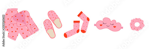 Vector illustration of a cozy pink women's sleepwear set including pajamas, slippers, socks, an eye mask, and a hair tie. Self-care and Valentine's Day themes. Isolated on white background.