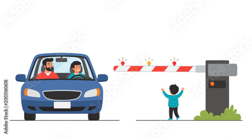 A blue car waiting at a closed parking lot barrier gate with a child standing nearby. EPS Editable. Vector Illustrations.