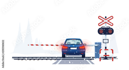 A blue car waiting at a closed railroad crossing barrier. EPS Editable. Vector Illustrations.