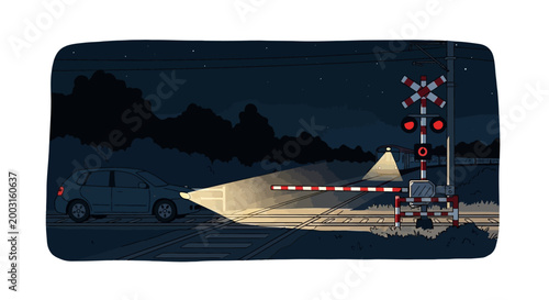 A car stopped at a railroad crossing with lights and barrier at night. EPS Editable. Vector Illustrations.