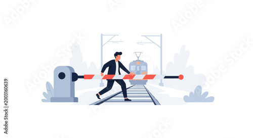 A businessman dangerously crossing a railway track while the warning barrier is down. EPS Editable. Vector Illustrations.