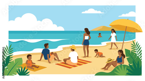 Family enjoying beach day vacation summer sea shore relaxation.